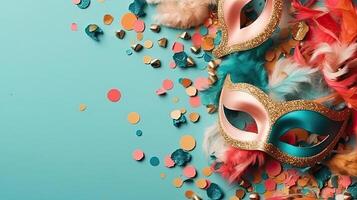 Carnival concept design of carnival masks, and carnival ornaments on pastel background, photo