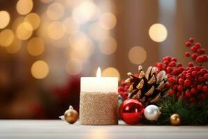 Advent candle, fir tree branches and holiday decorations in snow on light blurred background. AI generated photo