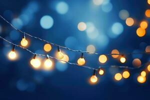 Christmas garland bokeh lights over blue background. Minimalist holiday illumination. AI generated photo