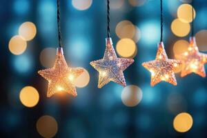 Christmas star lights on blurred background. Led string light decoration. AI generated photo