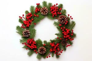 Christmas wreath on white background. Flat lay, top view. AI generated photo