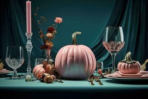 Halloween table setting in pastel colors. Festive table decorated for halloween. AI generated photo