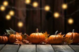 Mini thanksgiving pumpkins and leaves on rustic wooden table with lights and bokeh on wood background. AI generated photo