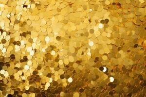 Golden foil confetti. Amber color background. Golden explosion of confetti. AI generated photo