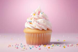 Tasty baking cupcake or muffin with cream icing, frosting, bright colored sprinkles. Generative AI photo