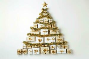 Christmas background with christmas tree made of colorful gift boxes and presents. AI generated photo