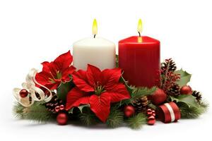 adviento velas y abeto ramas con Navidad decoración en un blanco antecedentes. ai generado foto