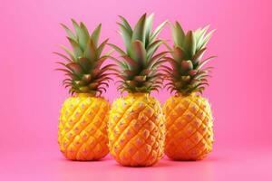 Pineapples on a vivid pink background. Generative AI photo