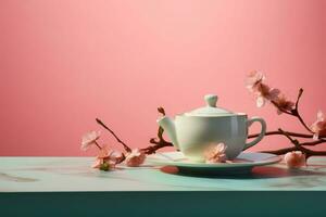 Cup of tea with sakura branch on pastel background. Tea composition. Generative AI photo