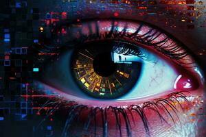 Close up of binary code reflected in the eye. Generative AI photo