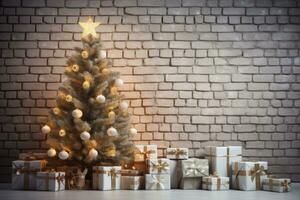 decorado Navidad árbol con guirnaldas, pelotas, presenta ai generado foto