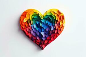 Heart made of small elements in rainbow colors on white background. Generative AI photo