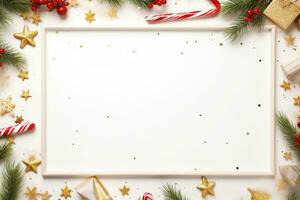 Christmas frame flat lay with pine, presents, golden elements, candy canes, confetti. AI generated photo