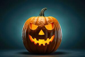 Halloween pumpkin with scary face on dark background. AI generated photo