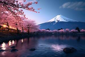 Fuji mountain view and cherry blossoms with reflection on the lake in spring. Generative AI photo