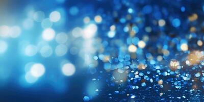 Bokeh background in blue in the style of confetti like dots. Glitter and diamond dust. AI generated photo