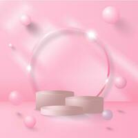 Soft Pink Studio Background with 3 podiums and floating bubbles. Pink Template. vector