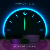 Midnight Sale Concept. Two 3d podium pedestal for product showcase. Scene with neon clock and typography. Clock hand pointing to 12 am with neon moon icon. Up to 50 off and more. Vector. EPS 10 vector