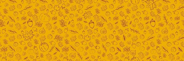 Orange Seamless Autumn pattern. Hand drawn Fall elements pumpkin, acorn, leaves, nuts, maple leaf, flowers, birch leaves. Horizontal Fall pattern. Vector Illustration. EPS 10.