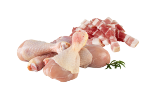 Fresh Chicken Drumstick and Pork Belly cut out, isolated transparent background png
