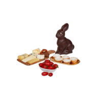 Egg tart, butter, cheese, fresh tomato in a cup and chocolate rabbit cut out isolated transparent background png