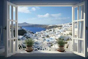 Open window with a view to a beautiful Greek scenery, created with generative AI photo