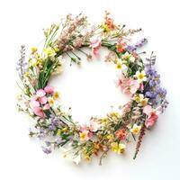Wreath of wild spring flowers on white background, created with generative AI photo