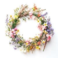 Wreath of wild spring flowers on white background, created with photo