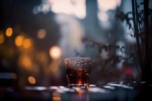 Drink in glass by window, created with photo