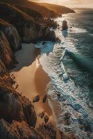 Aerial view at beautiful beach, created with generative AI photo