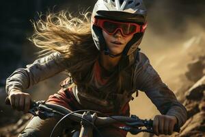 Front view at female downhill mountainbiker, created with generative AI photo