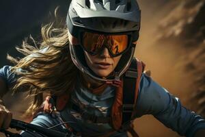 Front view at female downhill mountainbiker, created with generative AI photo