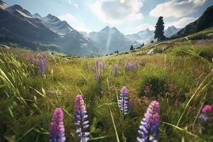 flores silvestres campo en el Alpes, creado con generativo ai foto