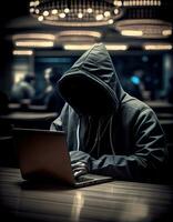 hacker trabajando en ordenador portátil en casino, creado con generativo ai foto