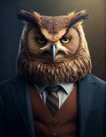 Owl wearing a suit, created with generative AI photo