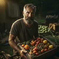 Farmer holding a wooden box full of organic vegetables, created with generative AI photo