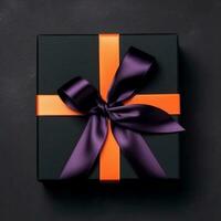 Top view at black gift box with orange and purple ribbons, created with generative AI photo