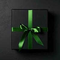 Top view at black gift box with green ribbon, created with generative AI photo
