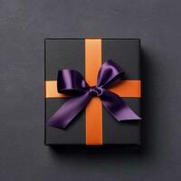 Top view at black gift box with orange and purple ribbons, created with generative AI photo