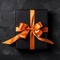 Top view at black gift box with orange ribbon, created with generative AI photo