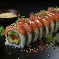 Salmon sushi rolls, created with generative AI photo