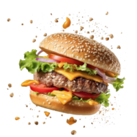 Flying burger ingredients on transparent background, created with generative AI png