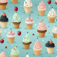 Sweet deserts in cartoon style seamless pattern, created with generative AI photo