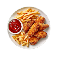 French fries, crunchy fried chicken and tomato sauce on transparent background, created with generative AI png