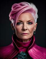 Futuristic mature woman portrait with pink hair, created with generative AI photo