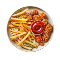 French fries, crunchy fried chicken and tomato sauce on transparent background, created with generative AI png