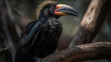 close up hornbill bird with black wings on a tree with blurred background, AI Generative photo