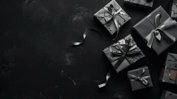 negro viernes rebaja concepto diseño de regalo caja y negro cinta para bandera fondo, ai generativo foto