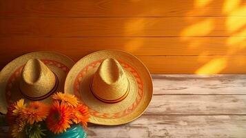 Round hat and Cinco de mayo ornament on wood background for Cinco De Mayo sale banner, AI Generative photo