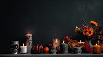 Concept design of skulls, candles and flowers for Day of the Dead banner, photo